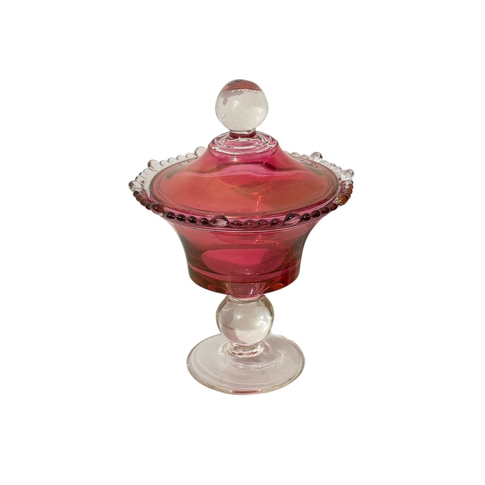 Vintage Cranberry Glass Candy Dish Pink Beaded Rim Lidded Compote